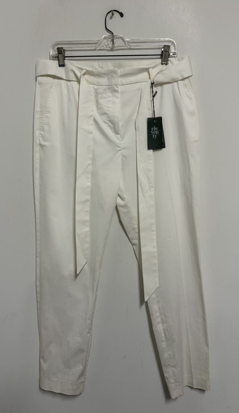 NWT Eleventy White Cotton Stretch Belted Dress Pants Luxury Italy Women's US 8